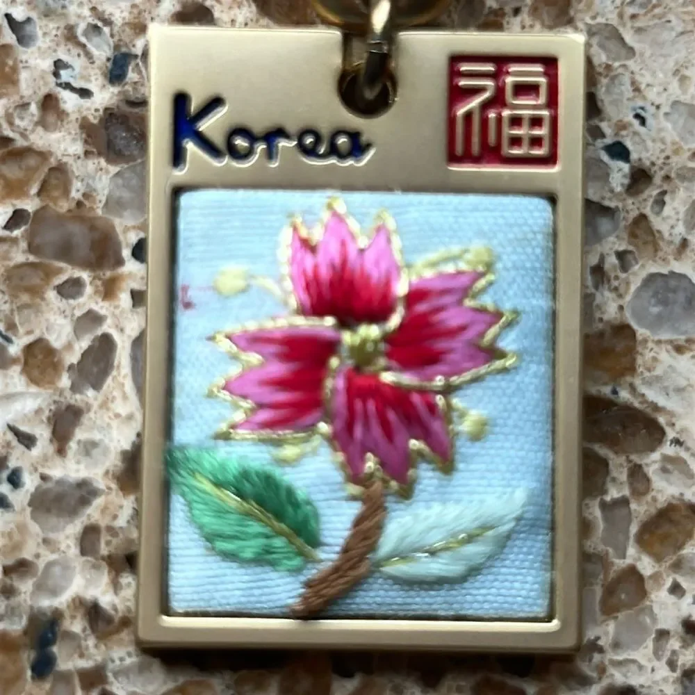 Gold Tone Korean Mask Keychain with Flower 🌺 Tag In Box 🗃️ engraved Korea back
